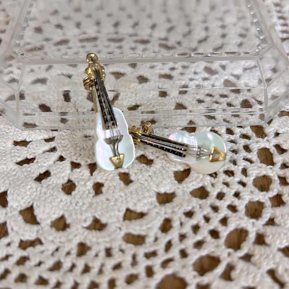 Vintage Pair Mother of Pearl Violin Brooches
